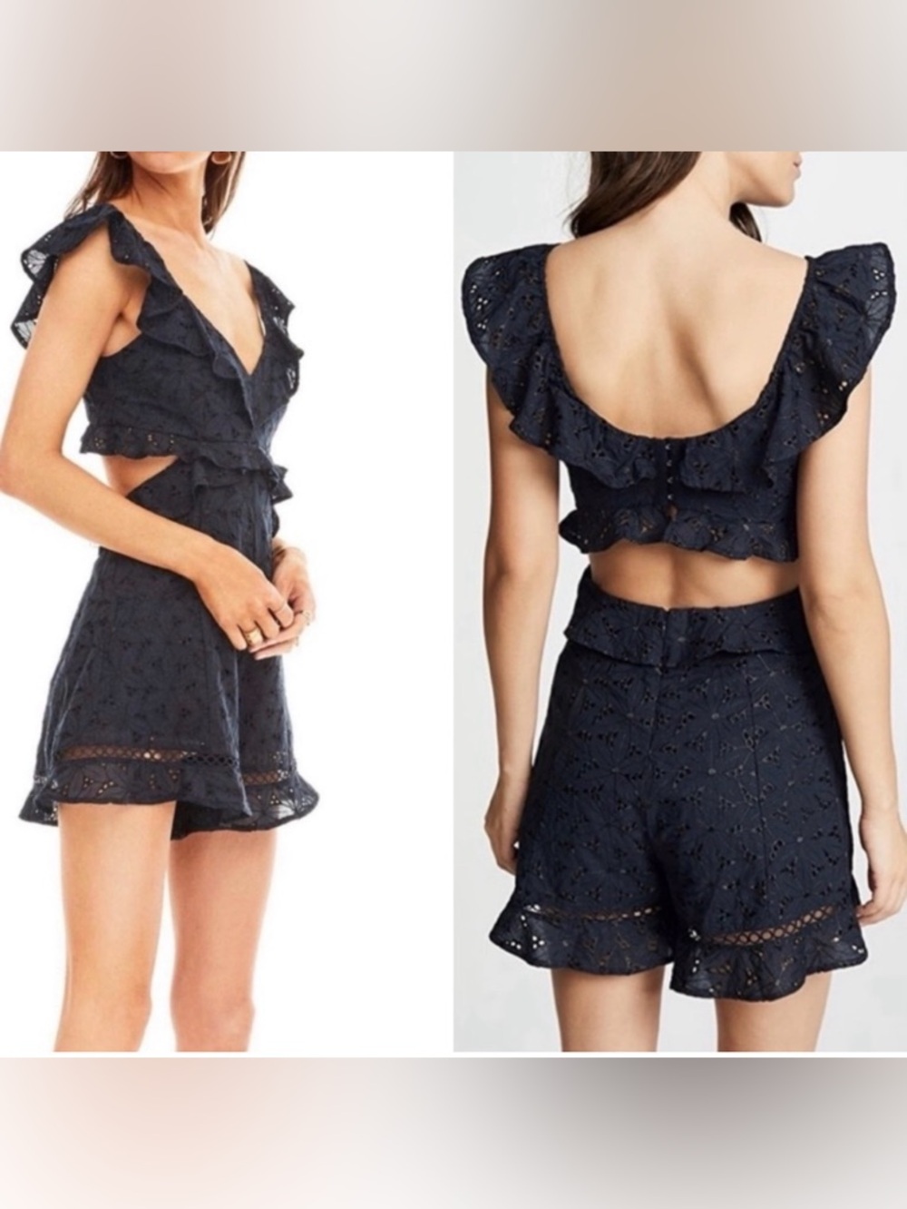 ASTR The Label Alexis Eyelet Romper XS Navy Blue | Lace Detail Dressy Romper